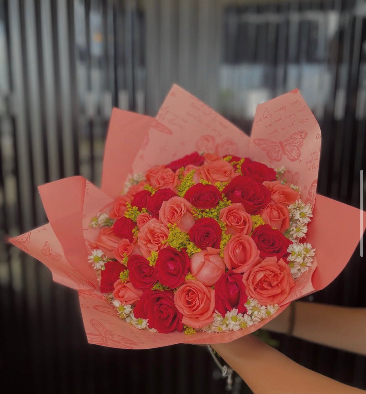 Bouquet de rosas rojas y rosadas